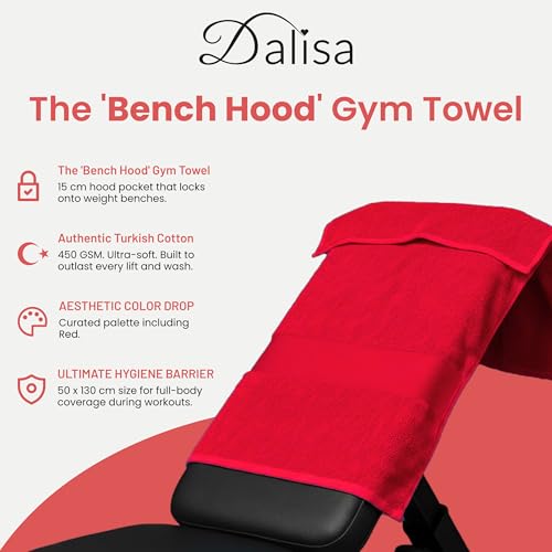 Dalisa Bench Hood Gym Towel – 100% Turkish Cotton – Non-Slip Hooded Design for Weight Benches – 450 GSM – 19.7" x 51.2" – Ultra-Absorbent, Quick-Dry Workout Towel – Made in Türkiye – Red - color: Red