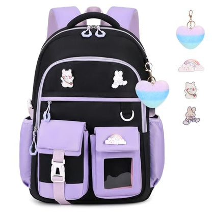 Girls Backpack, Lightweight Kids Backpack Kawaii School Backpacks Bookbag for Primary Elementary School,Age 6-14 years,Green Match Purple(Luggage Strap Ver) - color: 1pc-black & Purple(luggage Strap Ver)