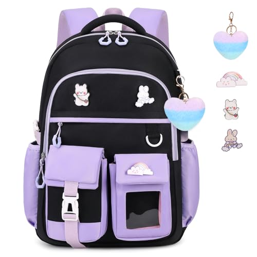 Girls Backpack, Lightweight Kids Backpack Kawaii School Backpacks Bookbag for Primary Elementary School,Age 6-14 years,Green Match Purple(Luggage Strap Ver) - color: 1pc-black & Purple(luggage Strap Ver)