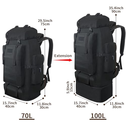 70L/100L Hiking Backpack with USB Charging Port, Expandable Large Military Tactical Backpack, Waterproof MOLLE Rucksack Travel Backpacking Daypack for Camping Climbing (Black) - color: 100l Black-usb Port
