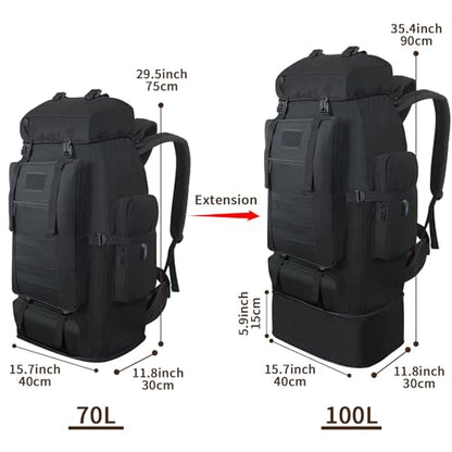 70L/100L Hiking Backpack with USB Charging Port, Expandable Large Military Tactical Backpack, Waterproof MOLLE Rucksack Travel Backpacking Daypack for Camping Climbing (Black) - color: 100l Black-usb Port