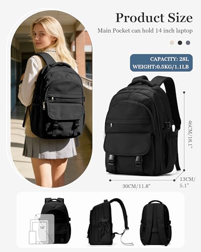 Black Waterproof Aesthetic Backpack For School, Cute High School Bookbag For Teen Girls Boys, Lightweight Casual Daypack Backpack For Women Men, College Backpack With Lots Of Pockets - color: Black
