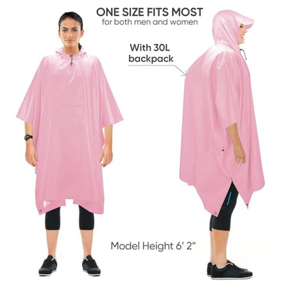 PTEROMY 3-in-1 Hooded Rain Poncho for Adult with Pocket, Waterproof Lightweight Unisex Raincoat for Hiking Camping Emergency - color: Pink