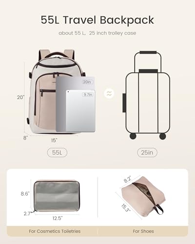 LOVEVOOK 50L Travel Backpack for Women & Men,Airline Approved Carry On Backpack with 3 Packing Cubes,TSA Waterproof Personal Item Bag, Weekender Overnight Essentials Backpacks fits 20" Laptop - color: Brown/Light Pink, size: 50L-4PCS