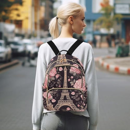 Paris Flowers Eiffel Tower Mini Backpack for Women Quilted Small Backpack Purse Causal Daypack for Travel, M - size: Medium