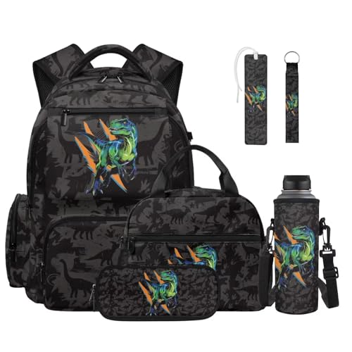 Talayituse Dinosaur Paint Splatter Print 6 Pack Backpack for Kids Boys School Bag Set with Lunch Box Pencil Case Water Bottle Sleeve Bookmark & Keychain Primary Middle Schoolbag Bookbag - color: Dinosaur Paint Splatter