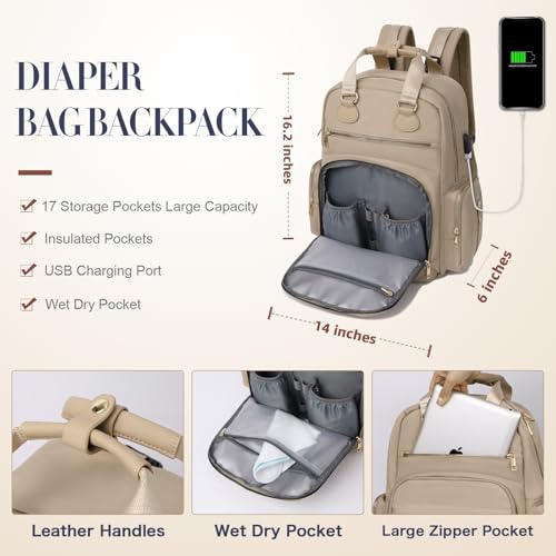 Diaper Bag Backpack, Baby Diaper Bag with 17 Pockets, Travel Baby Bag Backpack for Girl Boy, Large Diaper Bag with Changing Pad,USB Charging Port,Wet Dry Bag, Khaki - color: Warm Sand