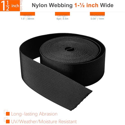 1-1/2 inch Straps Buckles Set: 6 yard Nylon Webbing Strap 1.5" Wide, 5 pack Side Release Plastic Buckle, 10 pcs Tri-glide Slide Clip, Heavy Duty Quick Snap Fasteners Dual Adjustable No Sew Required - size: 1-1/2" x 6 yd Strap + 5 pack Buckles