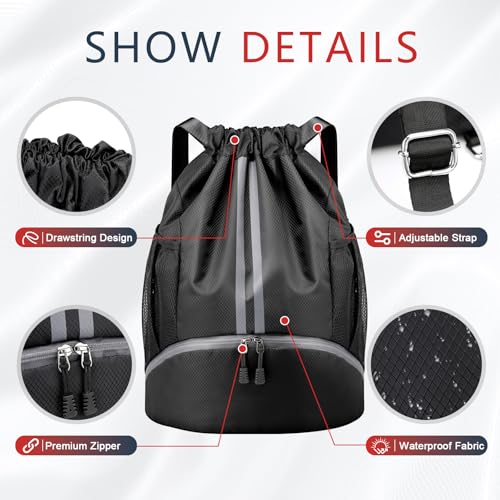 PinCute Drawstring Backpack for Women Men, Gym Bag for Soccer, Basketball, Swim, Beach, Water-Resistant Sports Backpack with Wet Pocket and Shoe Compartment, Black - color: Black