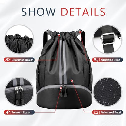 PinCute Drawstring Backpack for Women Men, Gym Bag for Soccer, Basketball, Swim, Beach, Water-Resistant Sports Backpack with Wet Pocket and Shoe Compartment, Black - color: Black