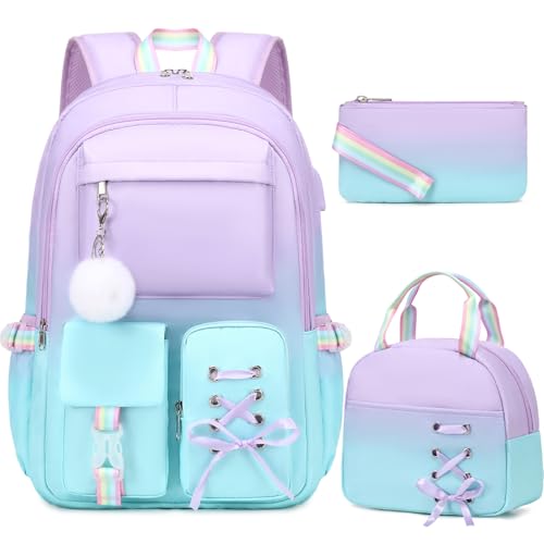 Scothen Backpacks for Girls, Girls Backpack with Lunch Box & Pencil Pouch for Teens Girl Kids Elementary Middle High School College Student Bookbag Daypack Laptop Travel Backpack for Women - color: Purple Blue