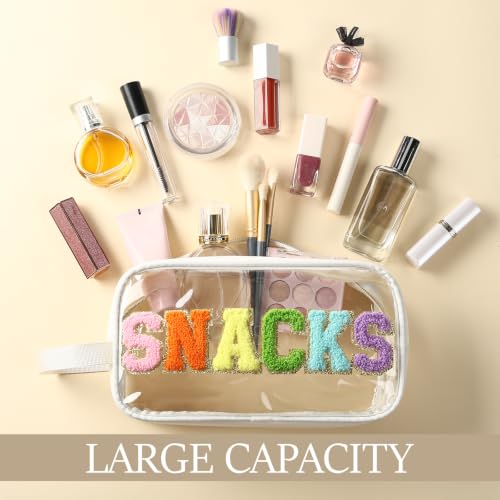 Kacctyen Clear Beach Swim SPF Makeup Bag Preppy Chenille Letter Cosmetics Nylon Toiletry Waterproof Makeup Travel Pouch Snack Bags for Women (White,Snacks) - color: White, style: Snacks