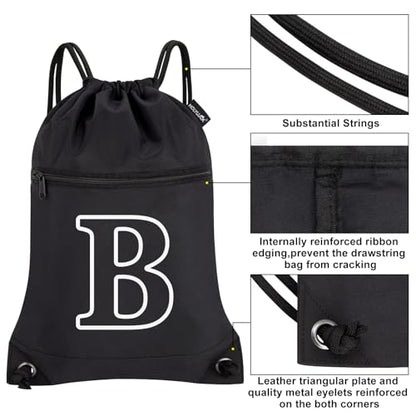 HOLYLUCK Drawstring Bags Initial Backpack Sackpack Cinch Bags for Sports, Gym, Travel, Beach(Black-B) - color: Black-b