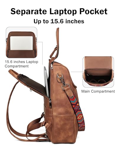 FADEON Laptop Backpack for Women Leather Travel Backpack with Laptop Compartment, Designer Ladies Computer Backpacks Brown - color: 1 Brown Retro Style