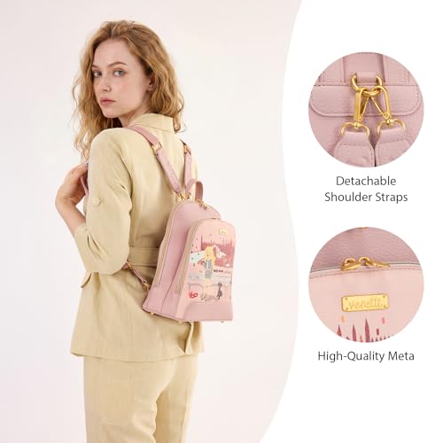 Venetti Cityscape Illustration Mini Backpack for Women and Girls, Cute Small Backpack Purse with Multi-Pocket and Zipper, Light Print Shoulder Bag Leather for Travel Daily Use VN-HB-001-PK - color: Pink
