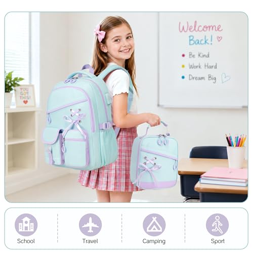 DIGOBAY Backpacks for Girls - 3PCS Girls Backpack with Lunch Box & Pencil Pouch School Backpacks for Elementary Middle High College School Bookbag for Teen Girl Kids Students Aquamarine-purple - color: Aquamarine-purple