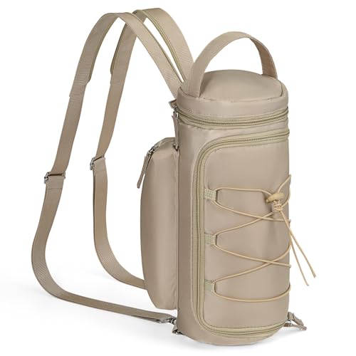 Nuovoware Small Sling Backpack, Sling Bag 25oz/32oz/40oz/50oz Water Bottle Carrier with Zippered Cap, 2 Pockets, Adjustable Shoulder Strap Carrier for Walking Traveling, Camel