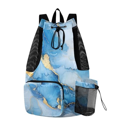 Women Mens Drawstring Backpack Camp Bag With Water Bottle Holder String Swim Bag Dry Wet Separation Marble Blue White - color: Color 14