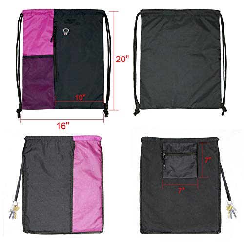 BeeGreen Sports Bag Drawstring Backpack With Water Bottle Pocket &Front Zippered Pocket Large String Bag Pack For Men Women - color: Black/Pink, style: Drawstring With Mesh Pocket