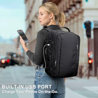 PIJUSHI Travel Backpack for Women Expandable Carry on Luggage Backpack Airline Approved TSA 16" Laptop Bag Business with USB Port(PE034 Black) - color: Black