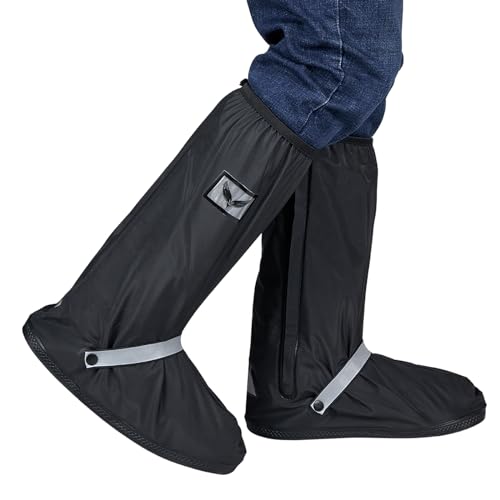 Waterproof Rain Boot Shoe Covers for Men Women with Reflector, Black Non-slip Reusable Boot Covers with Side Zipper, Foldable Anti-Snow Shoe Covers Rainproof Overshoes Over Shoes Galoshes - color: Long-Style, size: XX-Large