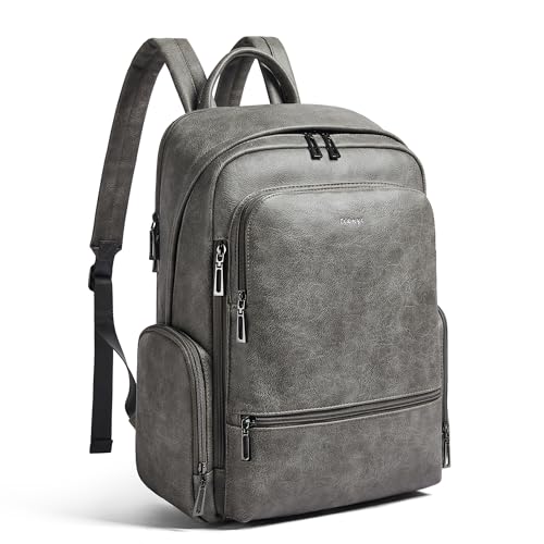 Leather Backpack for Women Men, Fits 16.0 Inch Laptop, Soft Vegan Leather Backpack for Travel and Daily Use, Grey - color: Grey
