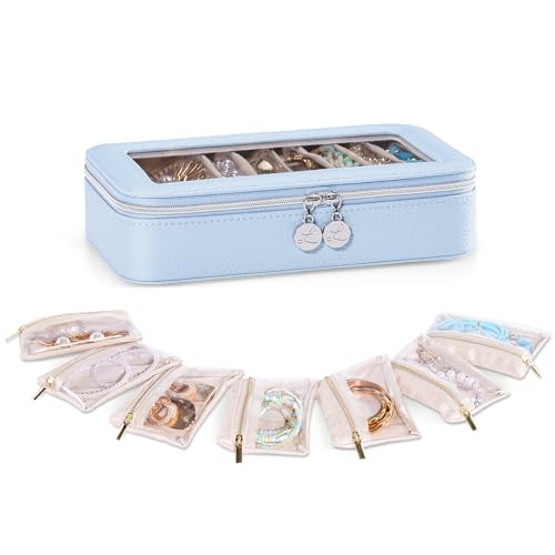 Lolalet 8 in 1 Travel Jewelry Case with Velvet Pouches, Clear Window Travel Jewelry Organizer Bags for Earrings, Bracelets, Necklaces and Rings, Compact Jewelry Storage for Women Girls -Blue, 7PCS - color: Blue, size: 1 Box + 7 Pouches