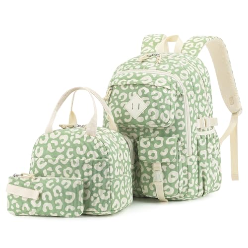 3Pcs Corduroy School Backpack for Girls, Kids Teens Large Capacity School Bag Bookbags Set Casual Daypack Fits 15.6 inch Laptop with Lunch Box and Pencil Case (Corduroy Leopard Green) - color: Corduroy Leopard Green