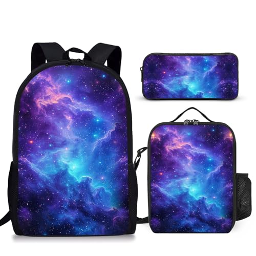 3PCS Galaxy Print Backpack for Boys Girls Teens, School Backpack with Lunch Box Pencil Case for Elementary Middle High Students, 17 Inch Lightweight Bookpack 3 in 1 Set Back to Shool Gifts for Kids - color: Galaxy