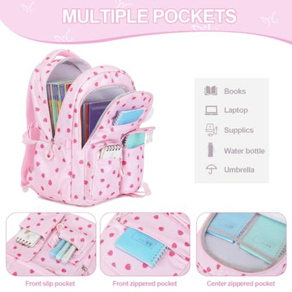DIGOBAY 3PCS Girls Backpack for School, Kids Backpack for Girls with Lunch Bag Pencil Case, Kids Bookbag Teen Girl Backpacks for Elementary Middle High College School (Pink Strawberry) - color: Pink Strawberry