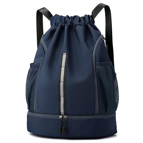 Sport Gym Bag Drawstring Backpack Beach Bag for Men Women with Shoe Compartment and Reflective Strips (Dark blue) - color: Dark Blue