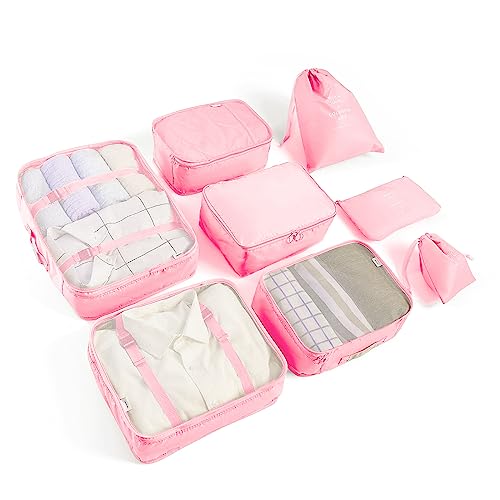LANSKLBD 6/8 Set Packing Cubes for Suitcases Travel Luggage Packing Organizers,Travel Accessories Essentials Luggage Organizer with Shoe/Tioletry/Laundry Bag (Pink, 8 set) - color: Pink, size: 8 set