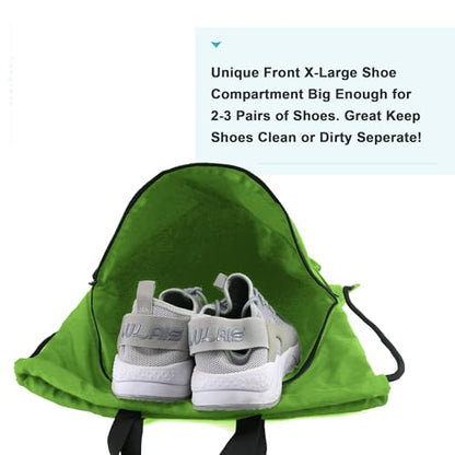 BeeGreen Drawstring Backpack Bag with Shoe Compartment, X-Large Black Gym Sports String Cinch Backpack - color: Lime