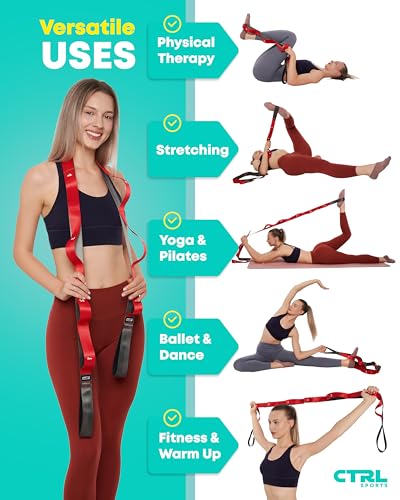 Stretching Strap with Loops - Non Elastic Stretch Band for Physical Therapy, Yoga Strap for Stretching Equipment, Stretch Bands for Exercise and Flexibility - Fascia, Hamstring & Leg Stretcher Belt - style: 10 Loops - Red