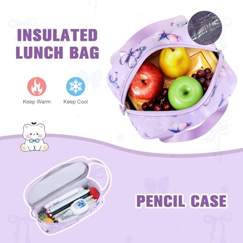 Bevalsa Backpack for Girls 3PCS Teen Girls Backpack for School with Lunch Bag Pencil Case Purple Cute Kids Laptop Backpacks Bookbag for Elementary Middle High School College Student (Butterfly) - color: Purple Butterfly