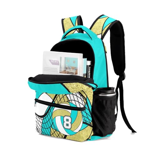 Sport Bag Volleyball Turquoise Gold Laptop Backpack Personalized Casual School Backpack for Women Men Gift - color: Volleyball Turquoise Gold
