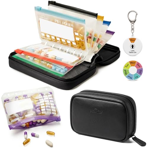 Weekly Pill Organizer,Vegan Leather Travel Medicine Bag - Pill Container with 7 Color-Coded Resuable Waterproof Pills Pouches, Dual-Sided Labeling Design & Reminder Spinner for Vitamins, Supplements - color: Black