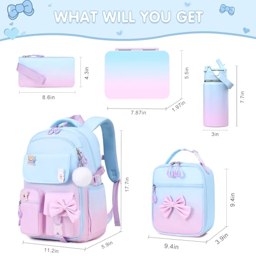 ACESAK 5PCS Backpack for Girls with Bento Box & 14oz Insulated Water Bottle - Cute School Girls Backpacks for Elementary Preschool Middle with Lunch Bag & Pencial Case, Back To School (Blue Purple) - color: Blue-purple