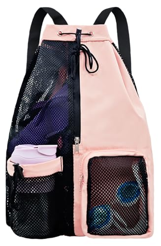 Mesh Beach Backpack with Wet Pocket Drawstring Pool Bag Waterproof Swimming Bag Gym Backpack for Men & Women - color: Pink