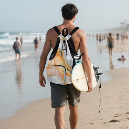 Drawstring Bags Pool Bag With Pockets String Bag Wet and Dry Separation Marble White Orange - color: Color 22