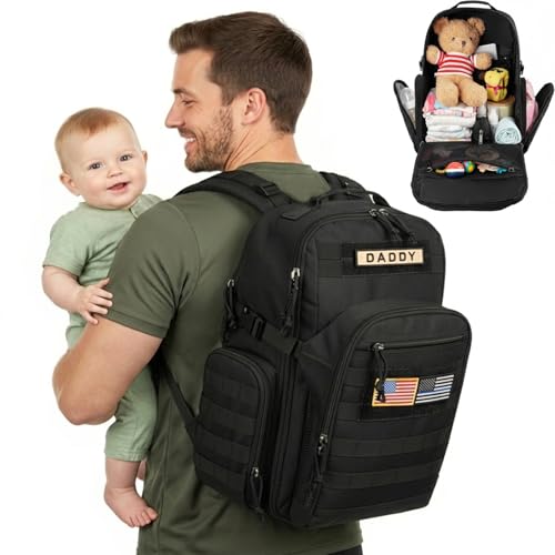 MIRACOL Diaper Bag Backpack for Dad: 40L XL Capacity Fits 1-3 Days Trip - Military Style with Daddy Patch for Active Dads - Ideal Gift for New Fathers & Husbands - color: Black