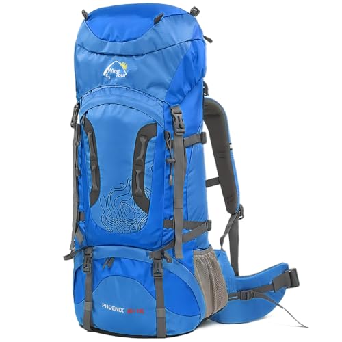 Wind Tour Outdoor 60L Ripstop Trekking Bag Sport Backpack with Rain Cover for Climbing Cycling (Blue) - color: Blue