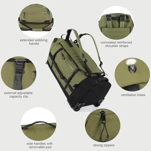 29" 86L Foldable Wheeled Duffle Bag, Waterproof Travel Rolling Backpack with Quilted Bottom, Army Green - color: Green