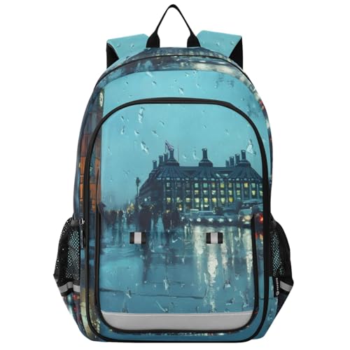 Backpack Rain City Print, Lightweight Daypack Multifunctional Backpack for Women Men Flap Backpack