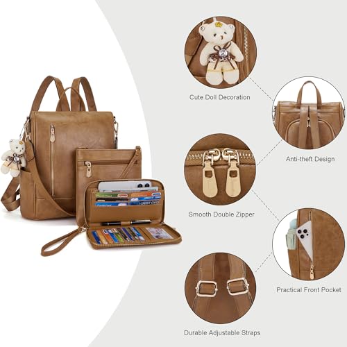 Soperwillton Women Fashion Backpack Purse Anti-Theft Leather Shoulder Bag Travel Multi Pockets Handbag Wallet Set 3pcs - color: Teabrown