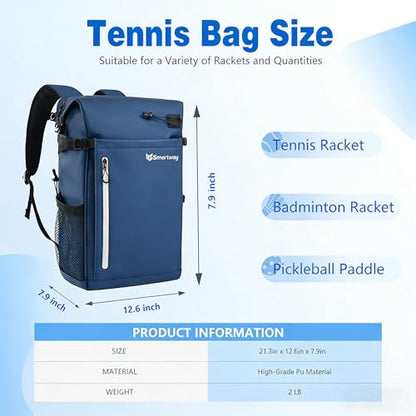 Smartway Waterproof Pickleball Bag With Shoe Compartment - Large Capacity Tennis Racket Backpack For Men Women - color: Blue