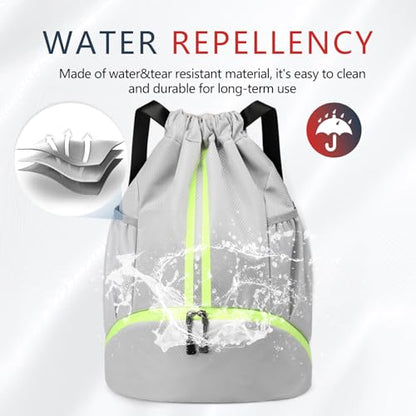 PinCute Drawstring Backpack for Women Men, Gym Bag for Soccer, Basketball, Swim, Beach, Water-Resistant Sports Backpack with Wet Pocket and Shoe Compartment, Grey - color: Grey