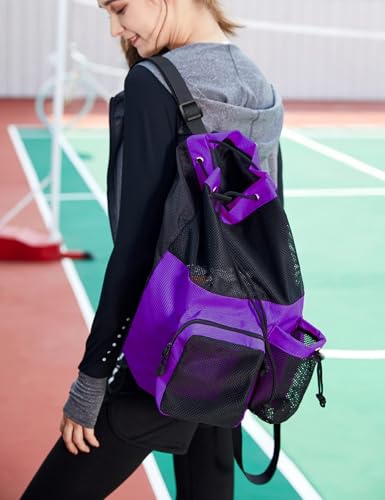 Lohol Large Mesh Drawstring Backpack with Shoe Bag, Durable Swimming String Sack with Handle for Sports Gym Yoga Beach Travel - color: Purple