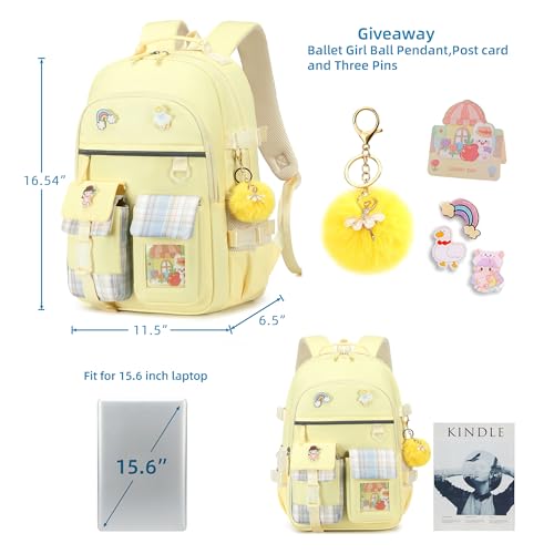 Backpack for Girls, 15.6 Inch Laptop School Bag Kids Kindergarten Elementary College Backpacks Large Bookbags for Teen Girl Women Students Casual Travel Daypacks (Yellow) - color: Yellow