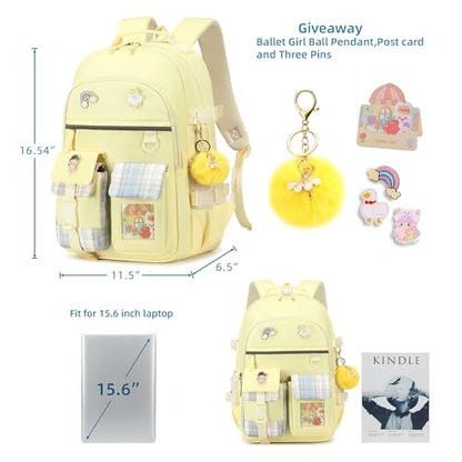 Backpack for Girls, 15.6 Inch Laptop School Bag Kids Kindergarten Elementary College Backpacks Large Bookbags for Teen Girl Women Students Casual Travel Daypacks (Yellow) - color: Yellow
